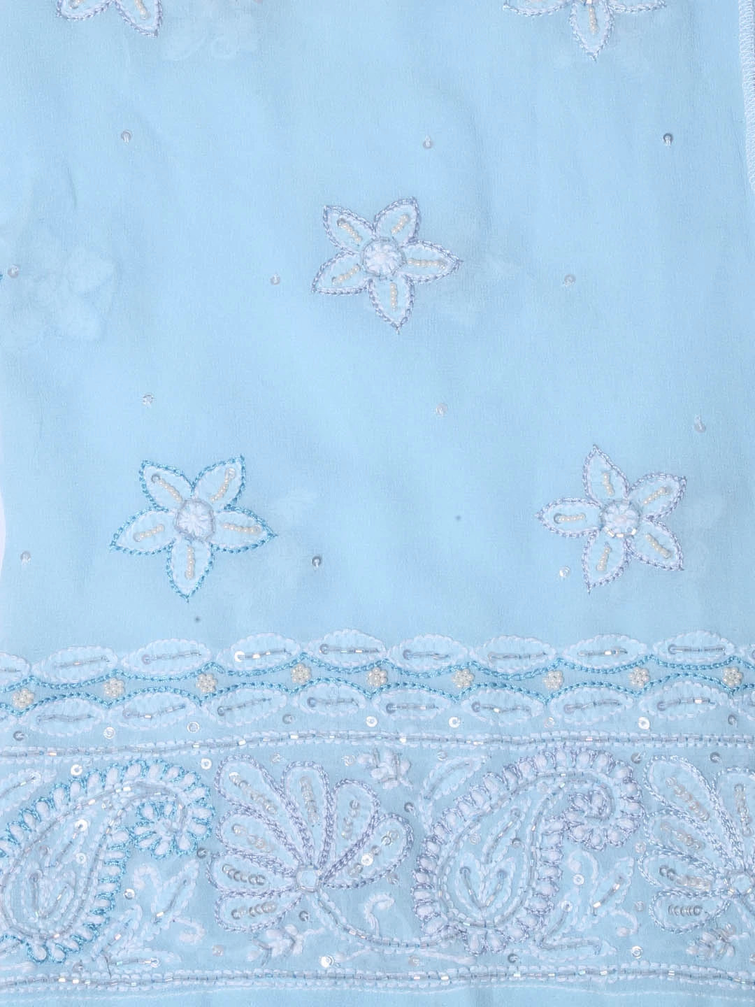 Ada Hand Embroidered Baby Blue Pure Georgette Lucknowi Chikankari Semi-Stitched Anarkali Kurta Dupatta Set With Cutdana Work 01A345670