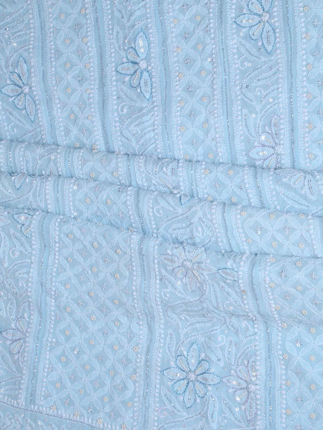 Ada Hand Embroidered Baby Blue Pure Georgette Lucknowi Chikankari Semi-Stitched Anarkali Kurta Dupatta Set With Cutdana Work 01A345670