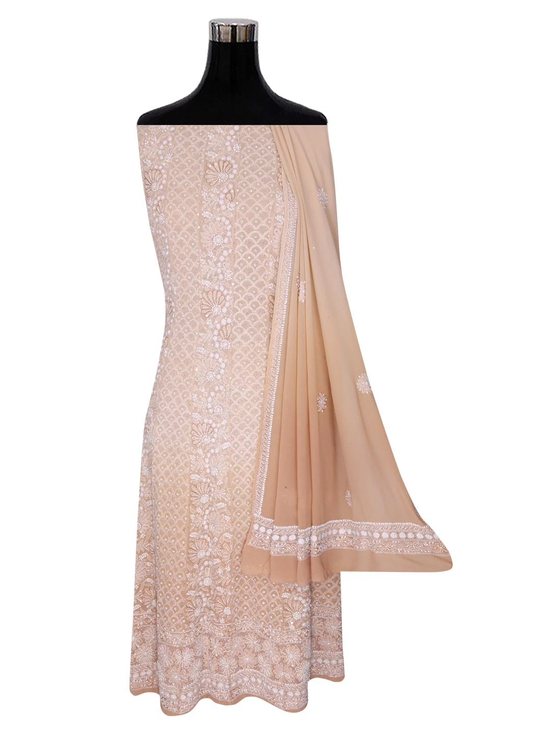 Ada Hand Embroidered Ivory And Fawn Ombre Shade Pure Georgette Lucknowi Chikankari Semi-Stitched Anarkali Kurta Dupatta Set With Pearl Work 01A351426