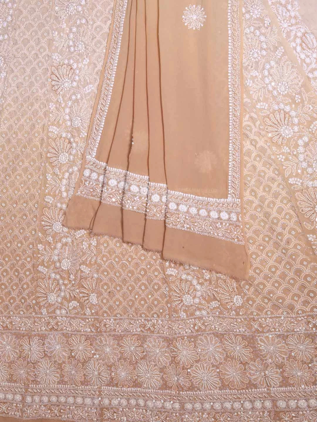 Ada Hand Embroidered Ivory And Fawn Ombre Shade Pure Georgette Lucknowi Chikankari Semi-Stitched Anarkali Kurta Dupatta Set With Pearl Work 01A351426