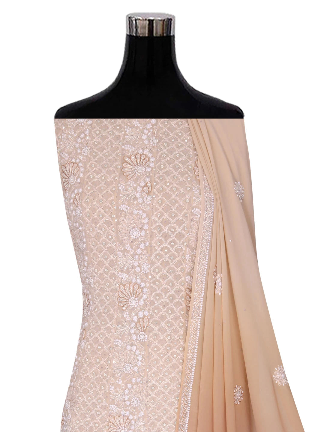 Ada Hand Embroidered Ivory And Fawn Ombre Shade Pure Georgette Lucknowi Chikankari Semi-Stitched Anarkali Kurta Dupatta Set With Pearl Work 01A351426