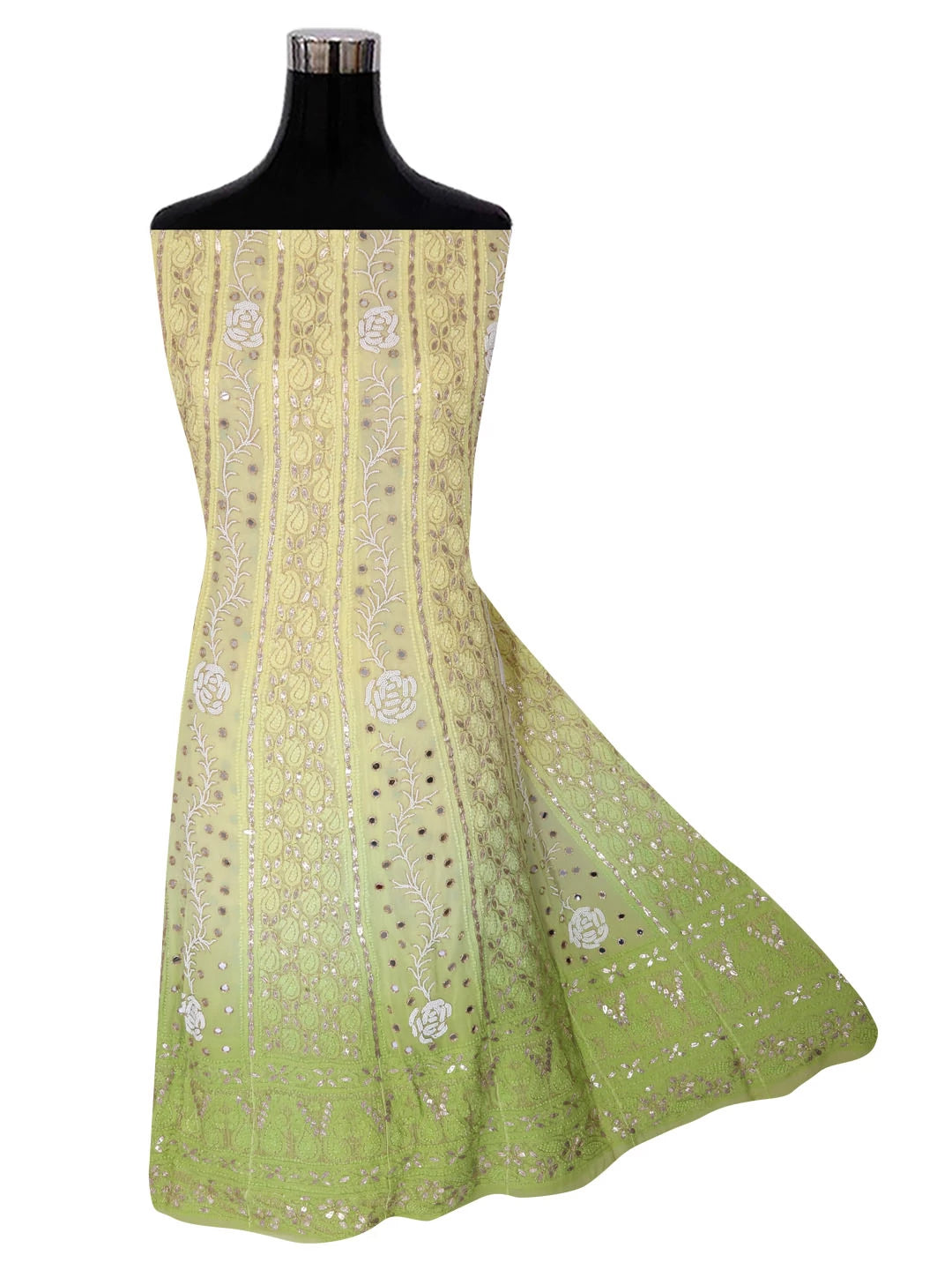 Ada Hand Embroidered Dual Shade Of Lemon & Green Georgette Lucknowi Chikankari Semi-Stitched Anarkali Kurta Dupatta Set With Pearl Work 01A327619