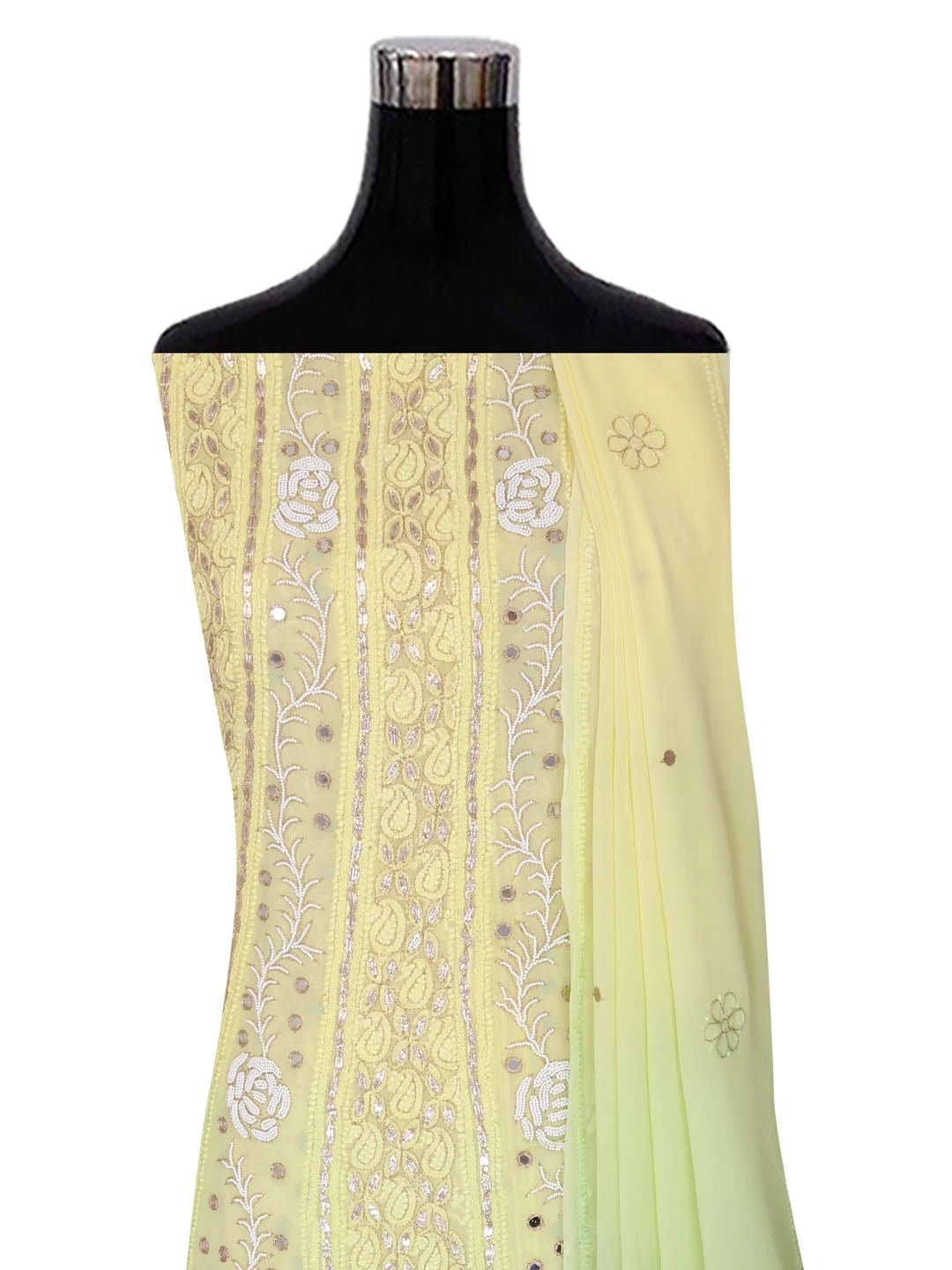 Ada Hand Embroidered Dual Shade Of Lemon & Green Georgette Lucknowi Chikankari Semi-Stitched Anarkali Kurta Dupatta Set With Pearl Work 01A327619