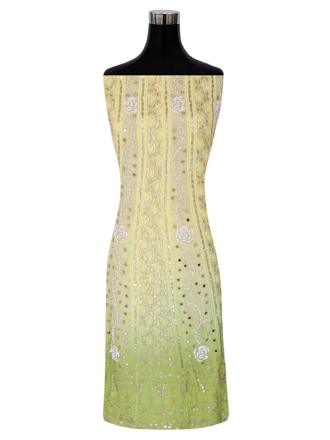 Ada Hand Embroidered Dual Shade Of Lemon & Green Georgette Lucknowi Chikankari Semi-Stitched Anarkali Kurta Dupatta Set With Pearl Work 01A327619