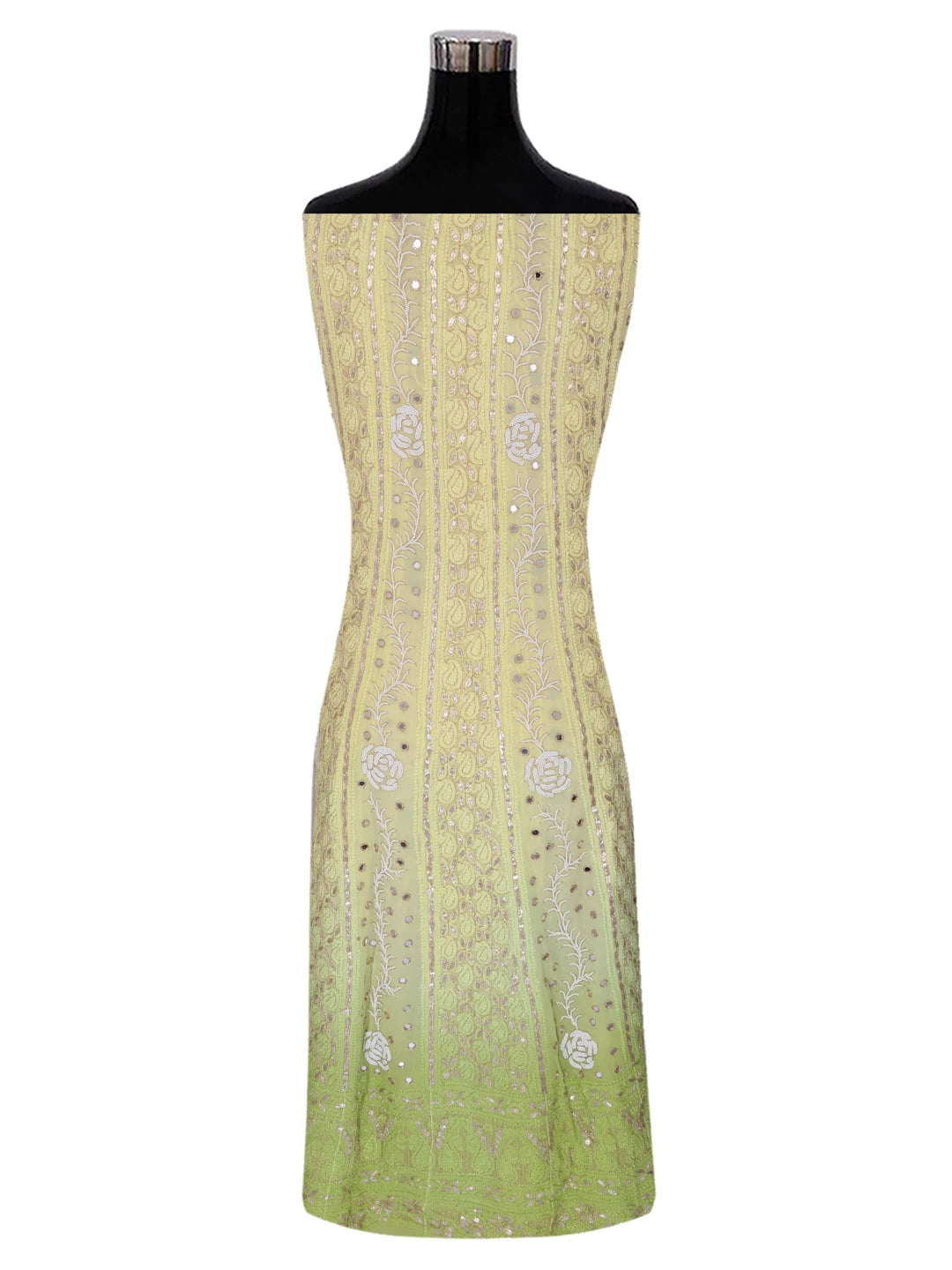 Ada Hand Embroidered Dual Shade Of Lemon & Green Georgette Lucknowi Chikankari Semi-Stitched Anarkali Kurta Dupatta Set With Pearl Work 01A327619