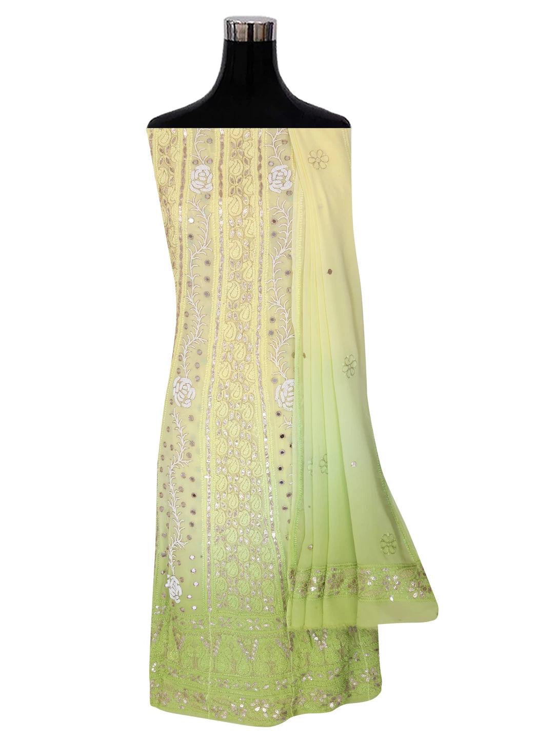Ada Hand Embroidered Dual Shade Of Lemon & Green Georgette Lucknowi Chikankari Semi-Stitched Anarkali Kurta Dupatta Set With Pearl Work 01A327619