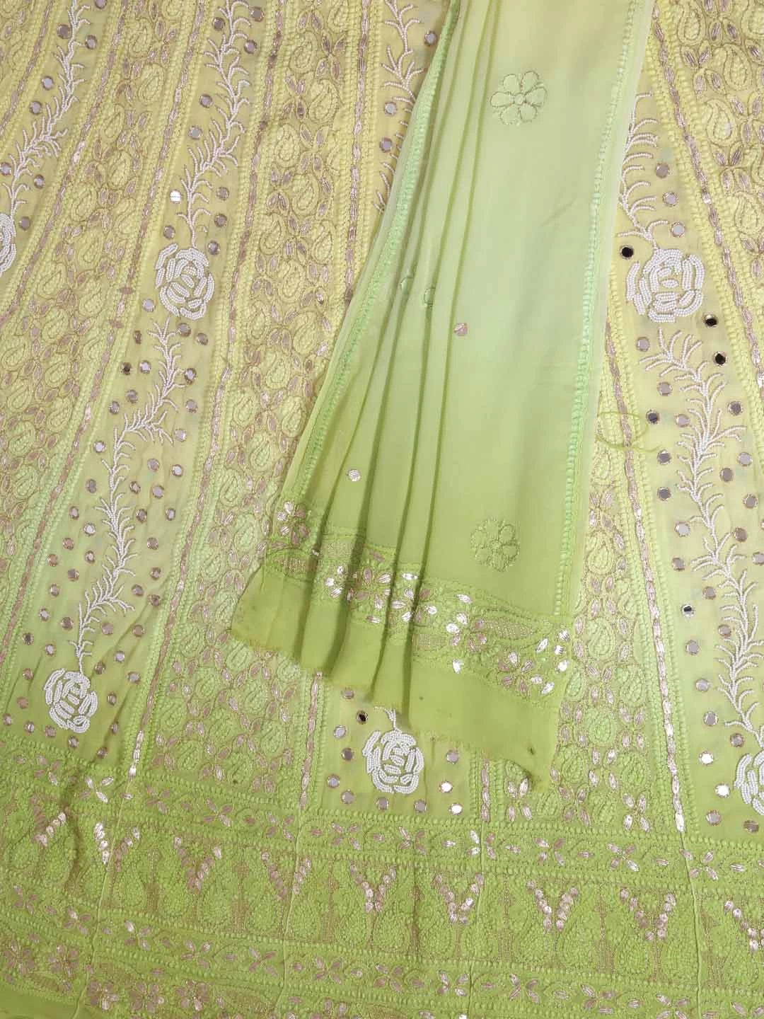 Ada Hand Embroidered Dual Shade Of Lemon & Green Georgette Lucknowi Chikankari Semi-Stitched Anarkali Kurta Dupatta Set With Pearl Work 01A327619