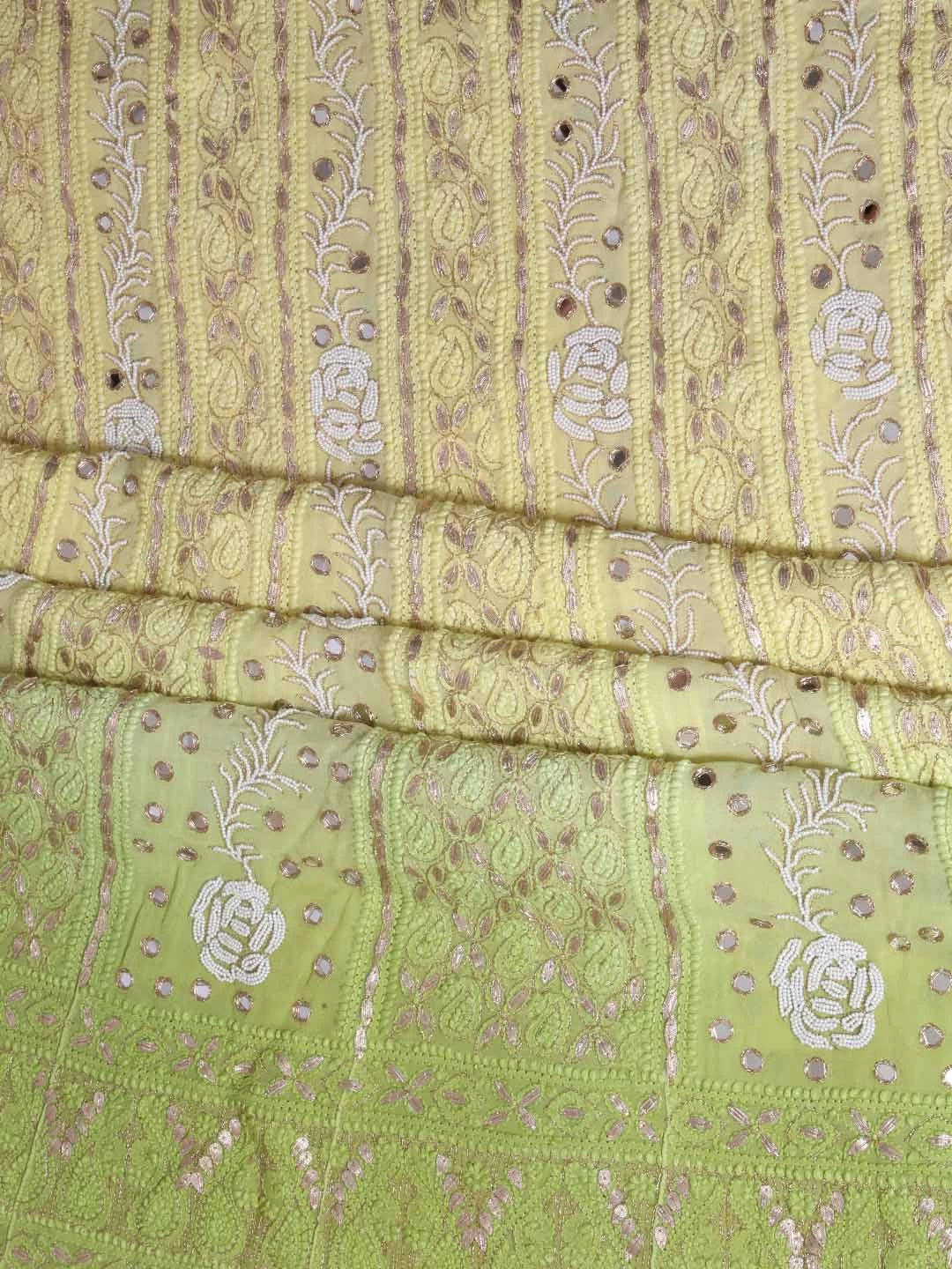 Ada Hand Embroidered Dual Shade Of Lemon & Green Georgette Lucknowi Chikankari Semi-Stitched Anarkali Kurta Dupatta Set With Pearl Work 01A327619