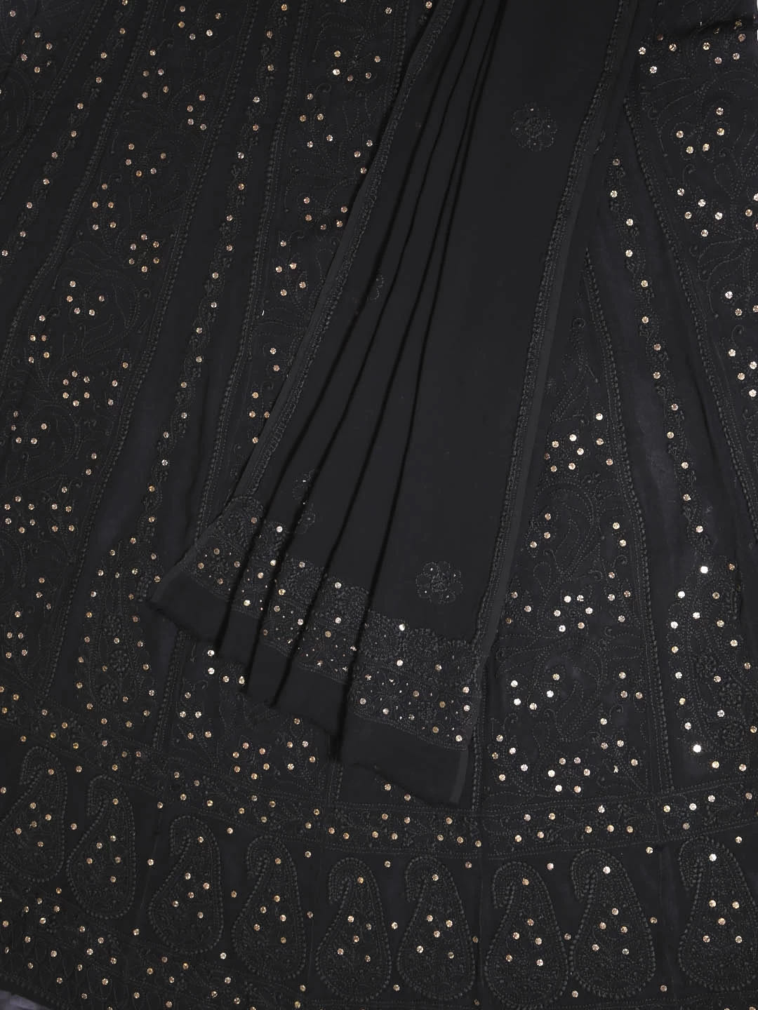 Ada Hand Embroidered Black Georgette Lucknowi Chikankari Semi-Stitched Anarkali Kurta Dupatta Set With Muqaish Work A564039