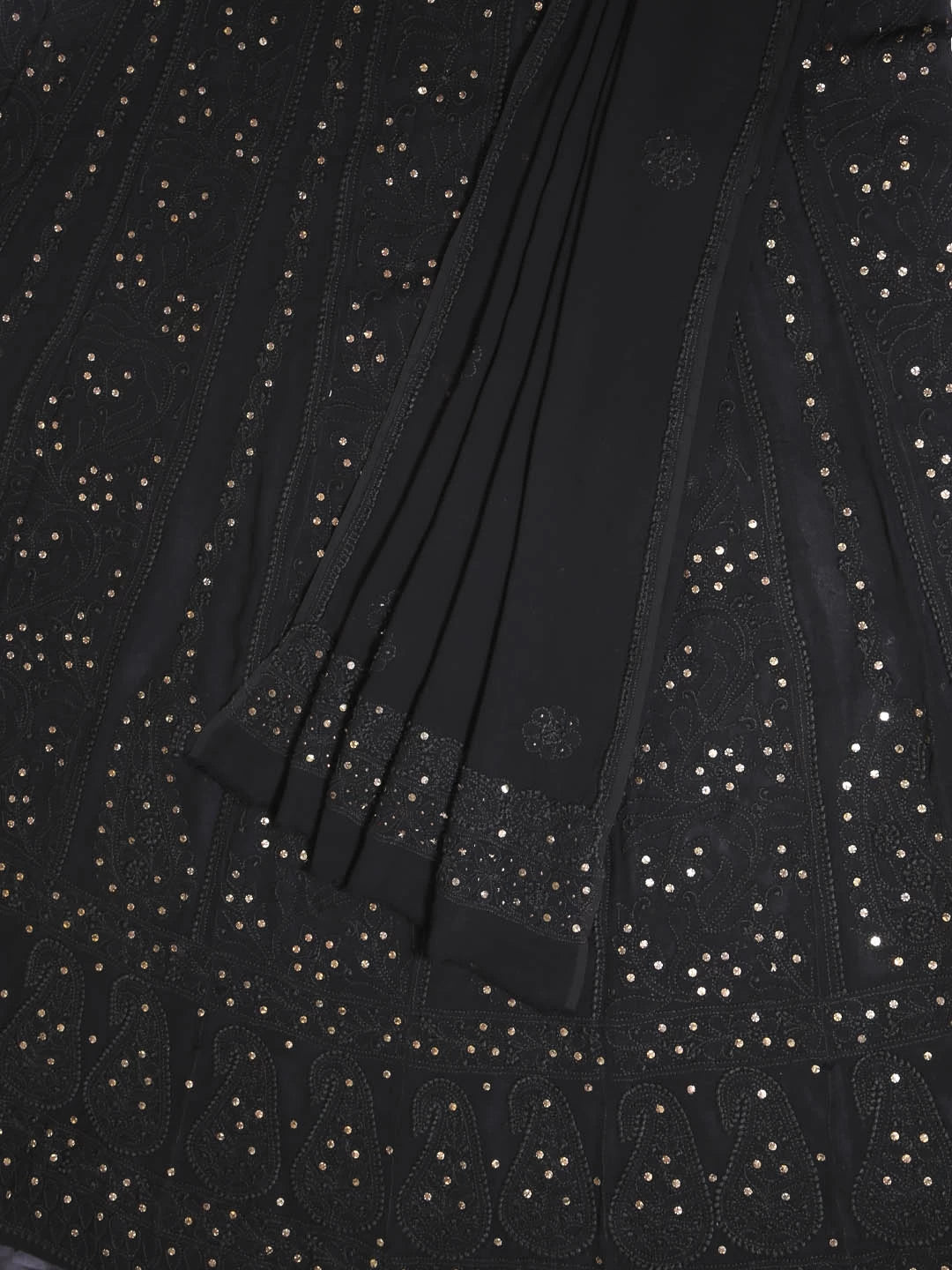 Ada Hand Embroidered Black Georgette Lucknowi Chikankari Semi-Stitched Anarkali Kurta Dupatta Set With Muqaish Work A564039