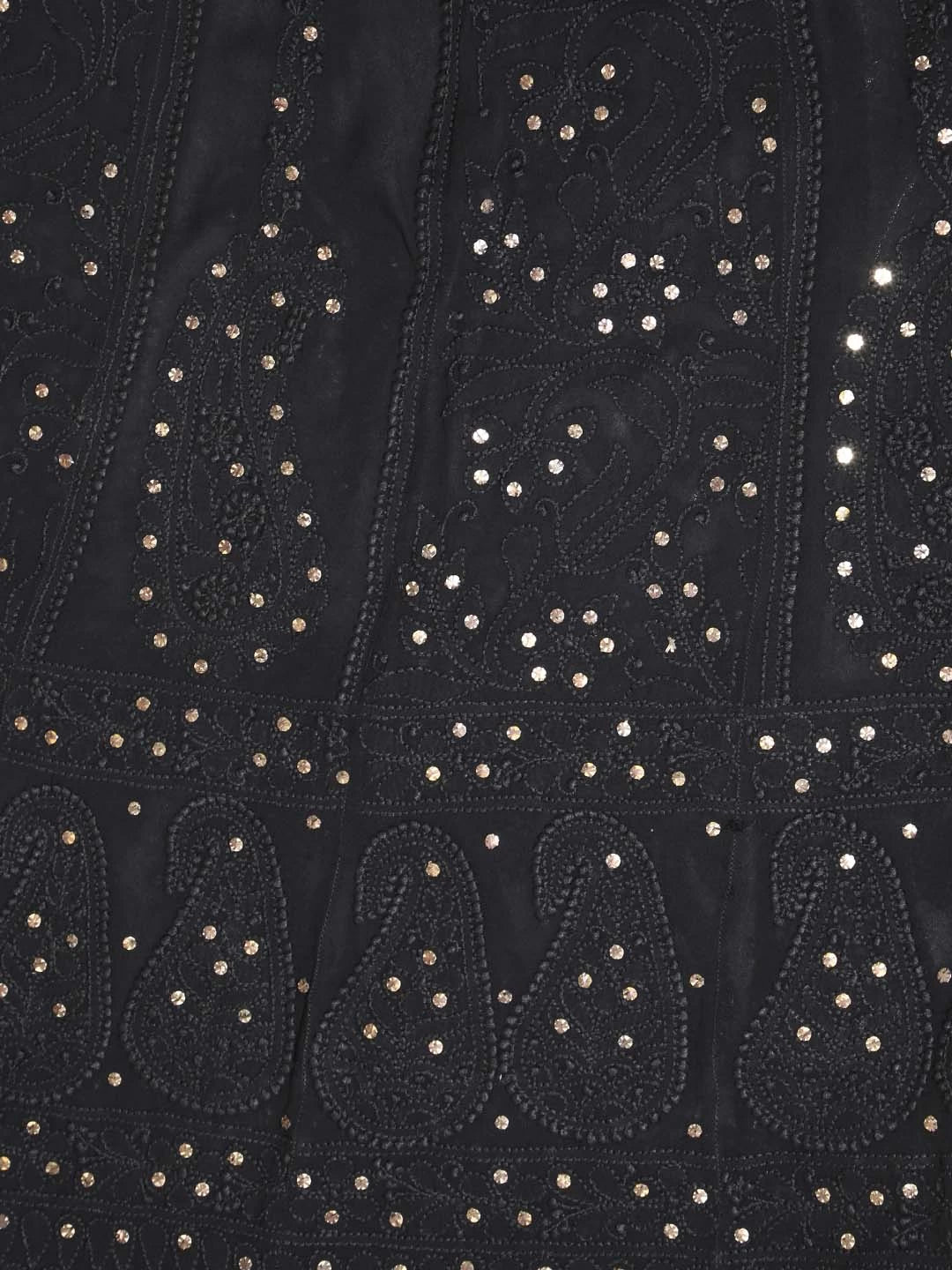 Ada Hand Embroidered Black Georgette Lucknowi Chikankari Semi-Stitched Anarkali Kurta Dupatta Set With Muqaish Work A564039
