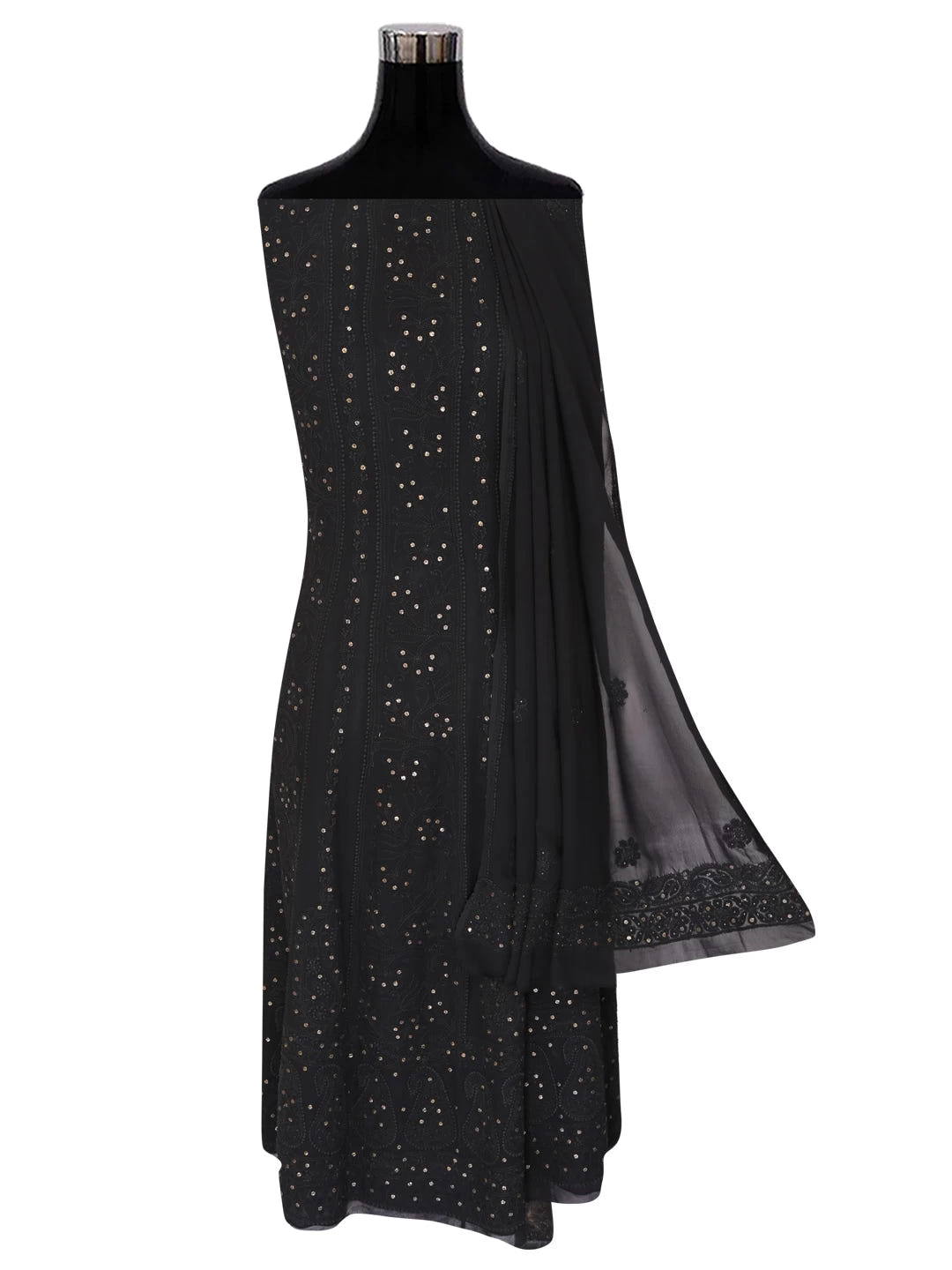 Ada Hand Embroidered Black Georgette Lucknowi Chikankari Semi-Stitched Anarkali Kurta Dupatta Set With Muqaish Work A564039
