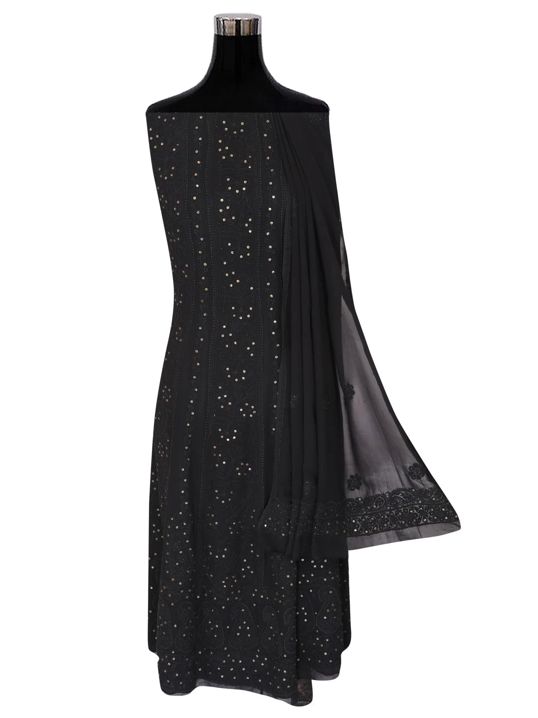 Ada Hand Embroidered Black Georgette Lucknowi Chikankari Semi-Stitched Anarkali Kurta Dupatta Set With Muqaish Work A564039