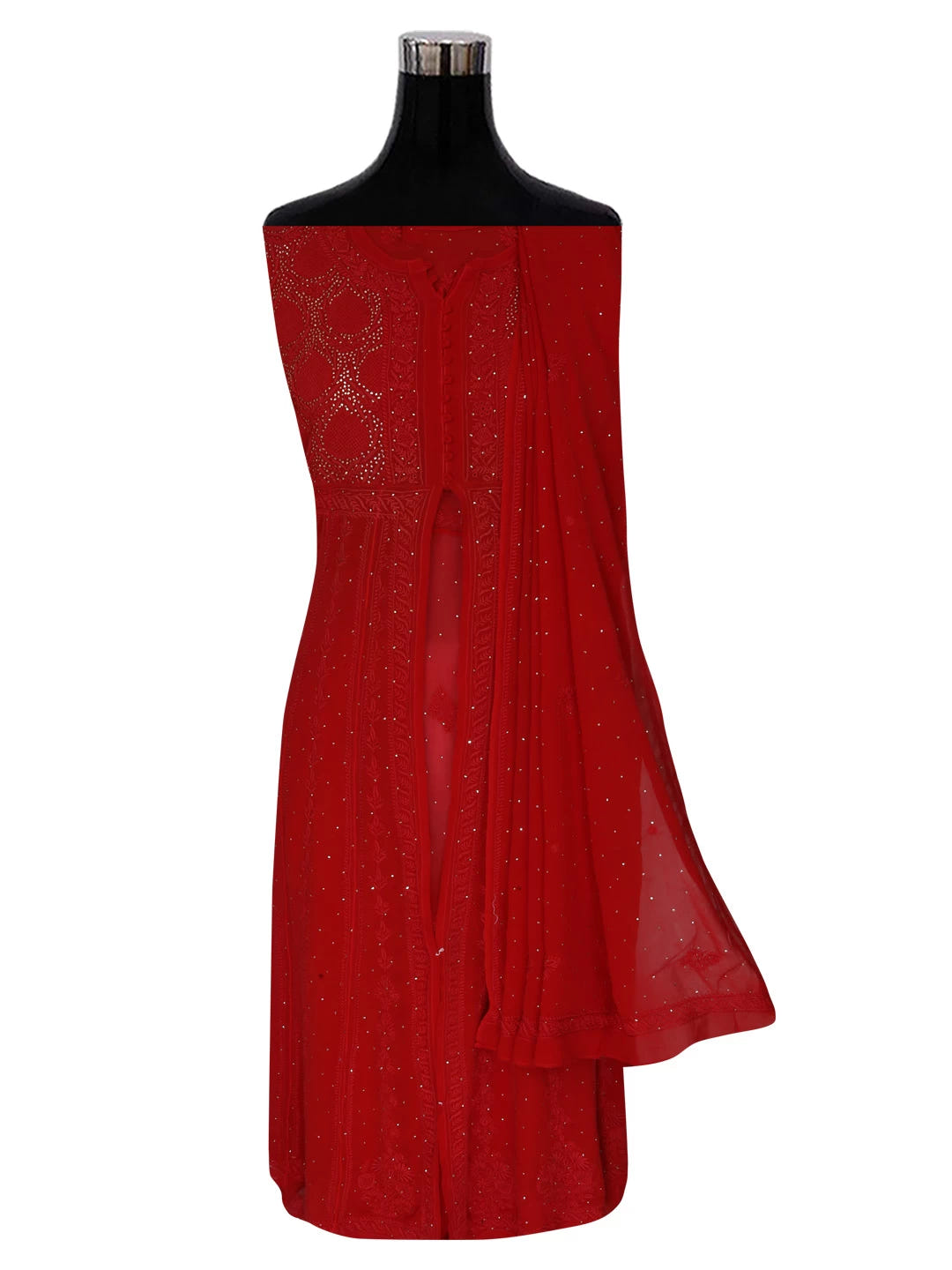 Ada Hand Embroidered Red Pure Georgette Lucknowi Chikankari Semi-Stitched High Slit Kurta Dupatta Set With Muqaish Work 01A252346