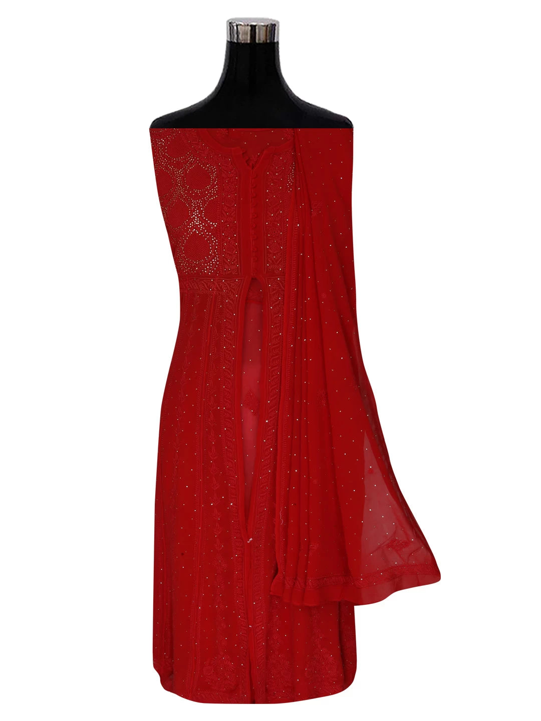 Ada Hand Embroidered Red Pure Georgette Lucknowi Chikankari Semi-Stitched High Slit Kurta Dupatta Set With Muqaish Work 01A252346