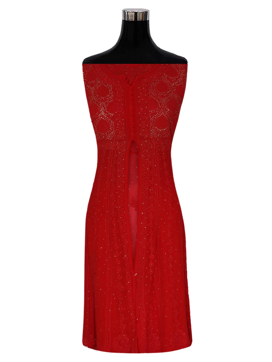 Ada Hand Embroidered Red Pure Georgette Lucknowi Chikankari Semi-Stitched High Slit Kurta Dupatta Set With Muqaish Work 01A252346