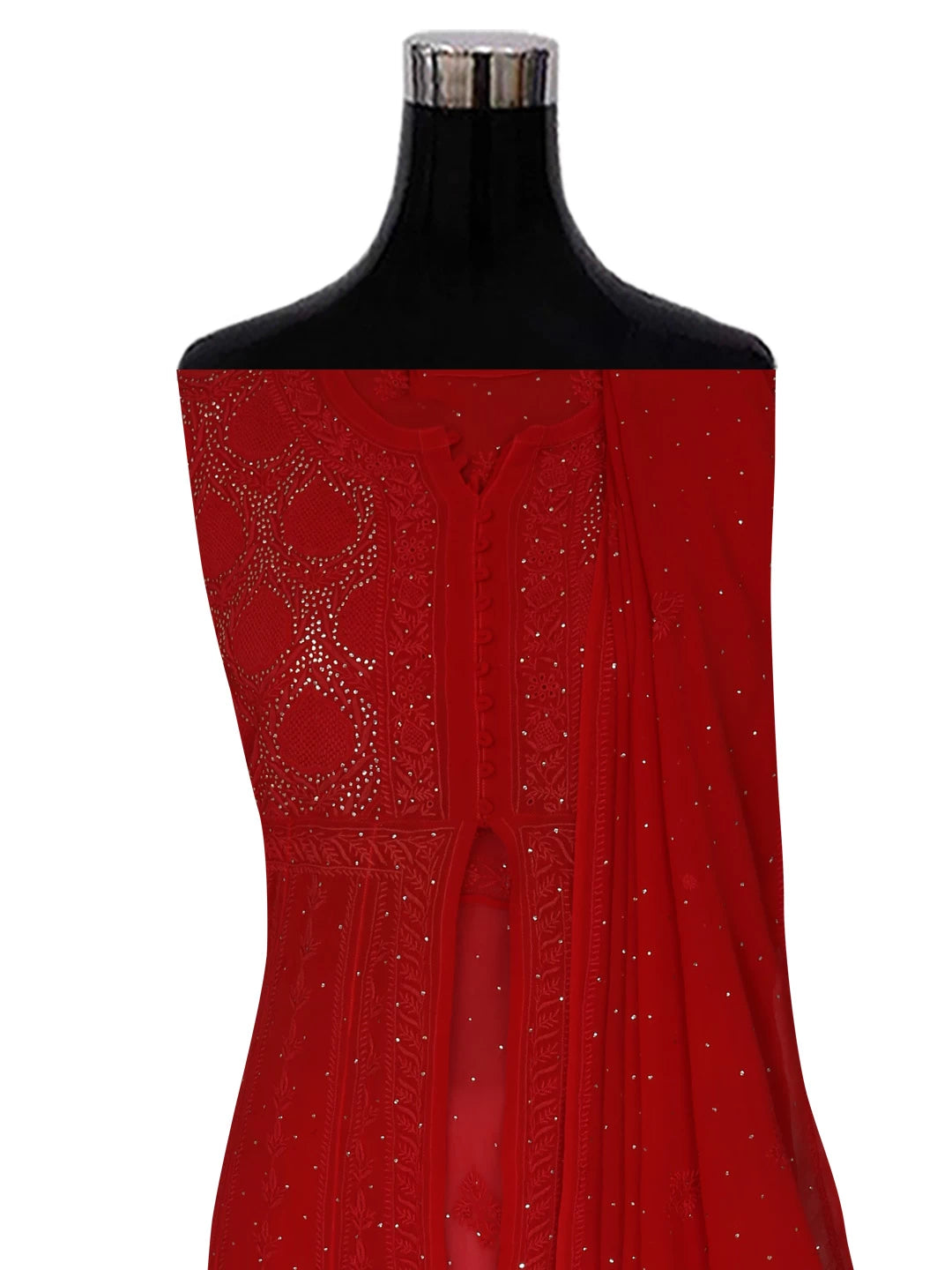Ada Hand Embroidered Red Pure Georgette Lucknowi Chikankari Semi-Stitched High Slit Kurta Dupatta Set With Muqaish Work 01A252346