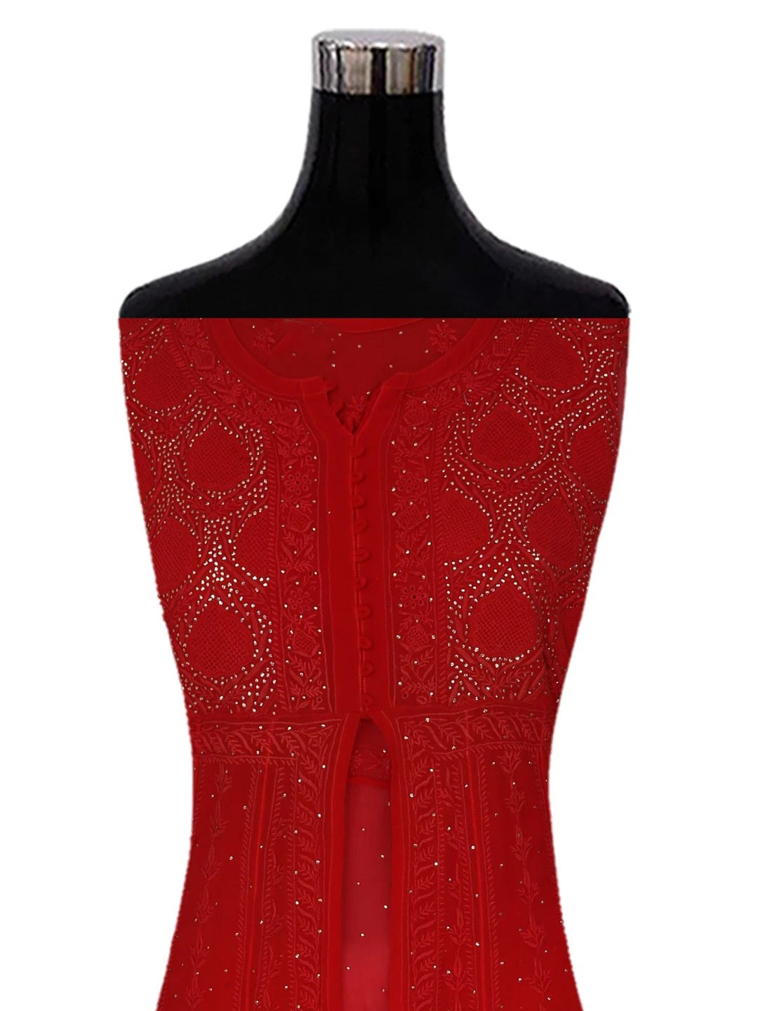 Ada Hand Embroidered Red Pure Georgette Lucknowi Chikankari Semi-Stitched High Slit Kurta Dupatta Set With Muqaish Work 01A252346