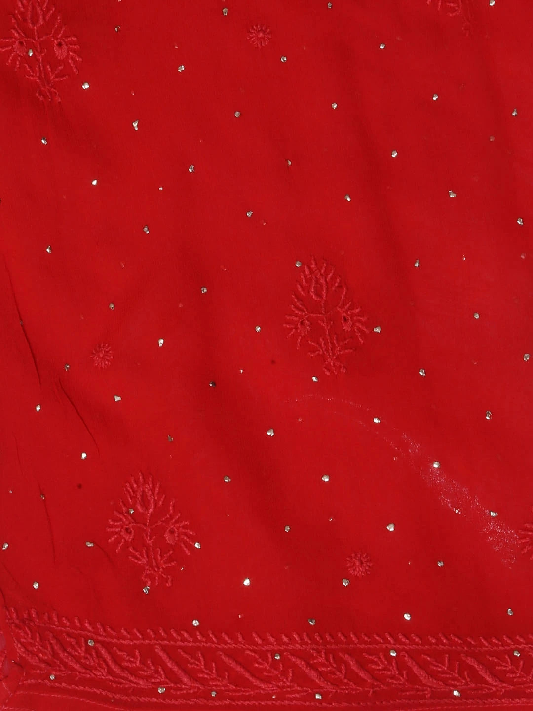 Ada Hand Embroidered Red Pure Georgette Lucknowi Chikankari Semi-Stitched High Slit Kurta Dupatta Set With Muqaish Work 01A252346