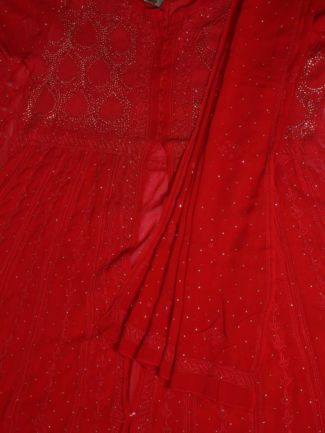 Ada Hand Embroidered Red Pure Georgette Lucknowi Chikankari Semi-Stitched High Slit Kurta Dupatta Set With Muqaish Work 01A252346
