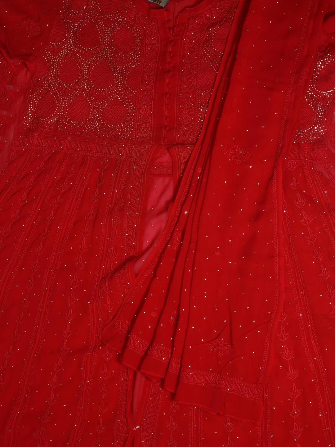 Ada Hand Embroidered Red Pure Georgette Lucknowi Chikankari Semi-Stitched High Slit Kurta Dupatta Set With Muqaish Work 01A252346