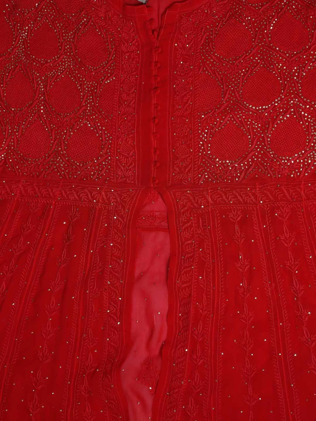Ada Hand Embroidered Red Pure Georgette Lucknowi Chikankari Semi-Stitched High Slit Kurta Dupatta Set With Muqaish Work 01A252346
