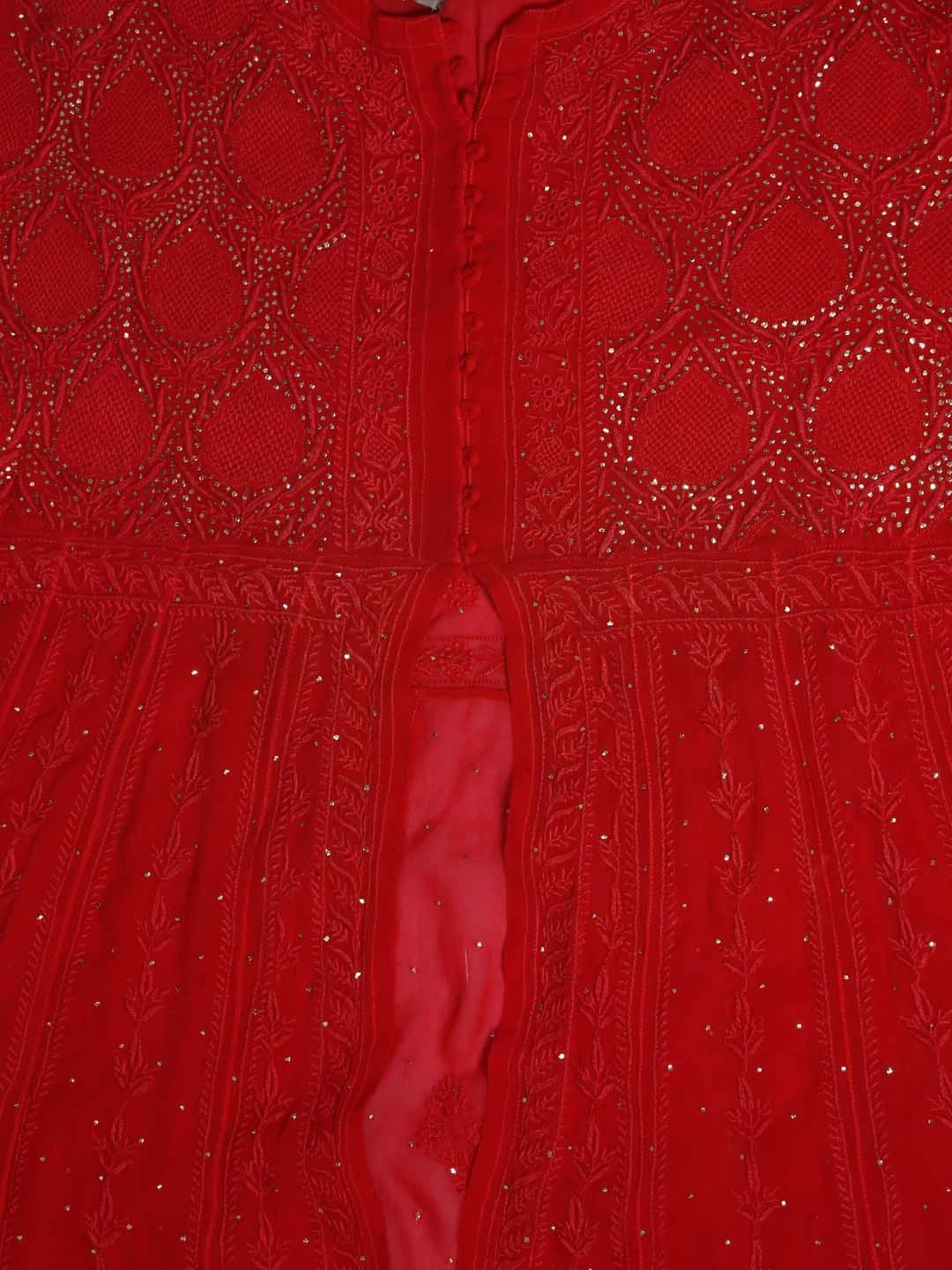 Ada Hand Embroidered Red Pure Georgette Lucknowi Chikankari Semi-Stitched High Slit Kurta Dupatta Set With Muqaish Work 01A252346