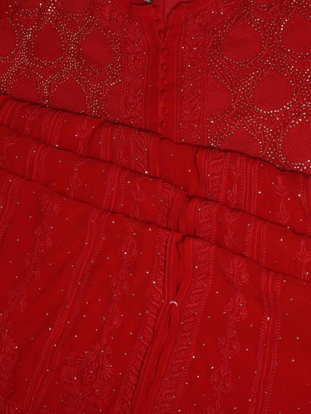 Ada Hand Embroidered Red Pure Georgette Lucknowi Chikankari Semi-Stitched High Slit Kurta Dupatta Set With Muqaish Work 01A252346