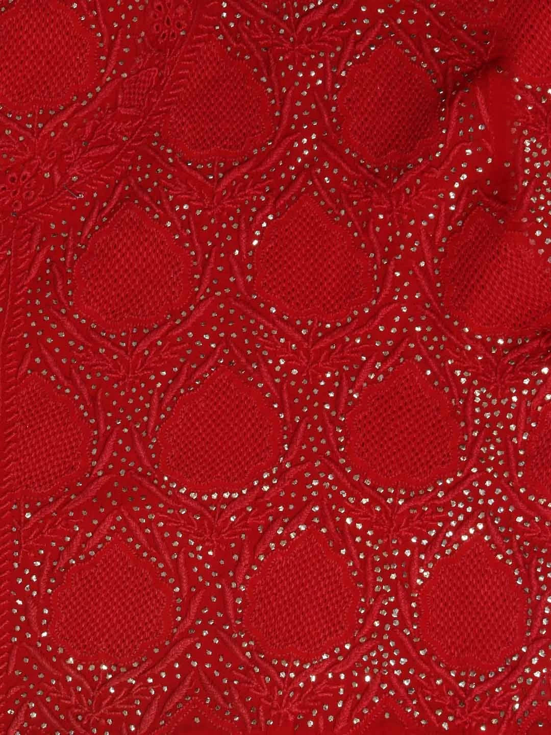 Ada Hand Embroidered Red Pure Georgette Lucknowi Chikankari Semi-Stitched High Slit Kurta Dupatta Set With Muqaish Work 01A252346