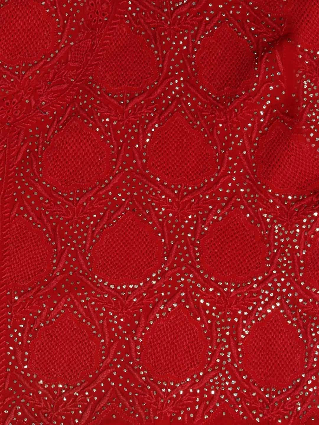 Ada Hand Embroidered Red Pure Georgette Lucknowi Chikankari Semi-Stitched High Slit Kurta Dupatta Set With Muqaish Work 01A252346