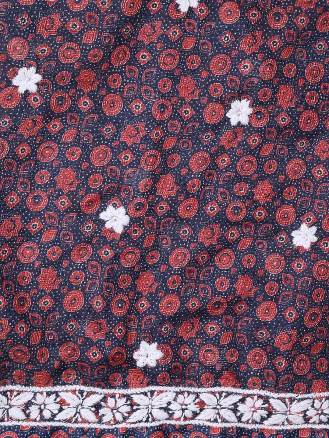 Ada Hand Embroidered Blue Floral Printed Kota Silk Lucknowi Chikankari Unstitched Kurta Piece 01A409954