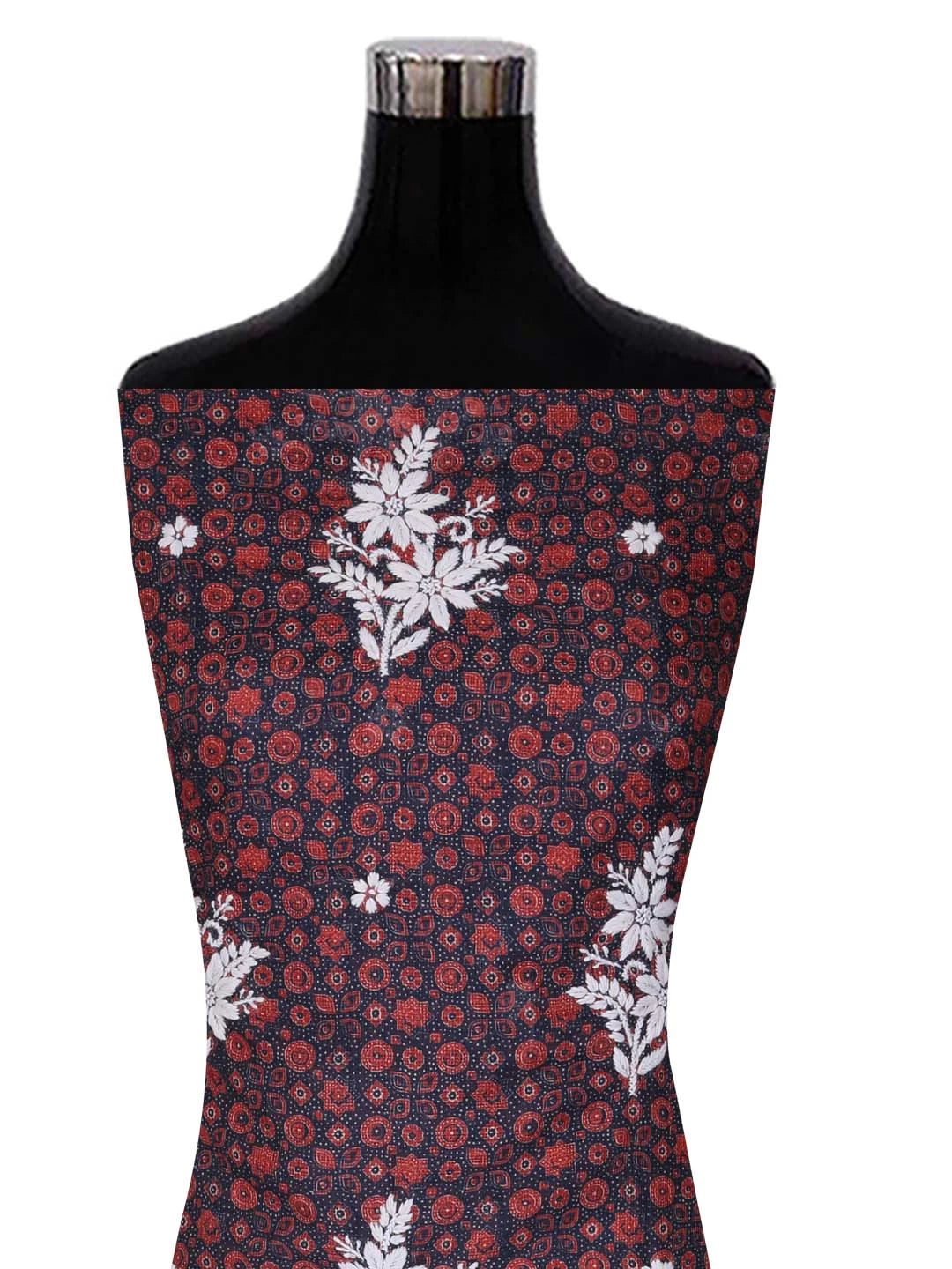 Ada Hand Embroidered Blue Floral Printed Kota Silk Lucknowi Chikankari Unstitched Kurta Piece 01A409954