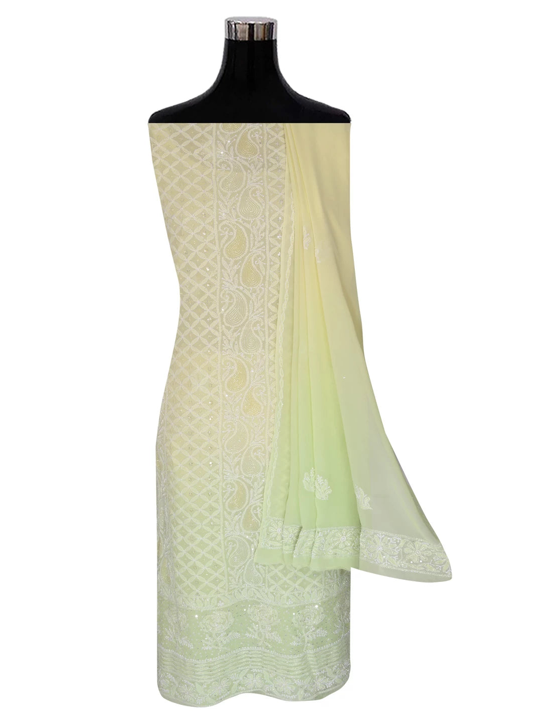 Ada Hand Embroidered Lime Green Ombre Shade Pure Georgette Lucknowi Chikankari Unstitched Kurta Dupatta Set With Pearl Work 01A382783