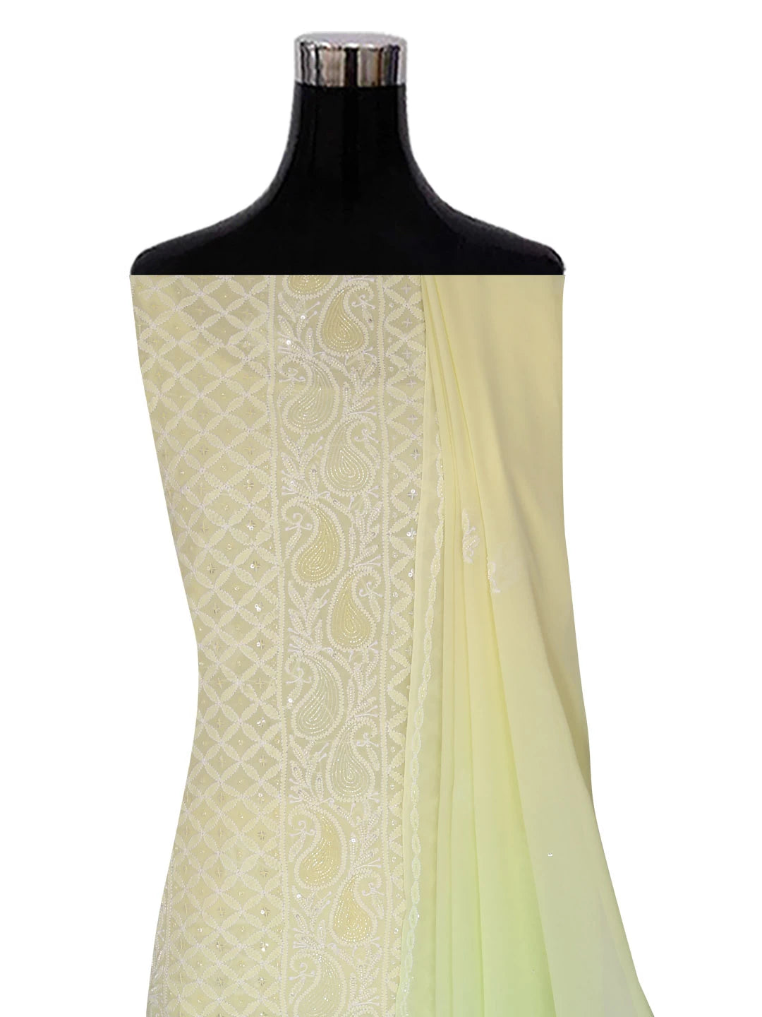 Ada Hand Embroidered Lime Green Ombre Shade Pure Georgette Lucknowi Chikankari Unstitched Kurta Dupatta Set With Pearl Work 01A382783