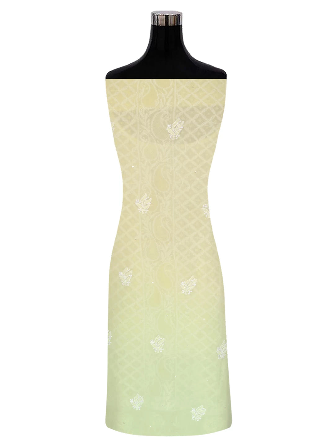 Ada Hand Embroidered Lime Green Ombre Shade Pure Georgette Lucknowi Chikankari Unstitched Kurta Dupatta Set With Pearl Work 01A382783