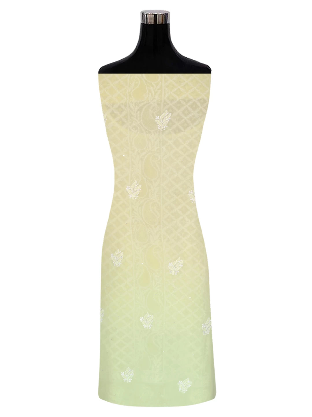 Ada Hand Embroidered Lime Green Ombre Shade Pure Georgette Lucknowi Chikankari Unstitched Kurta Dupatta Set With Pearl Work 01A382783