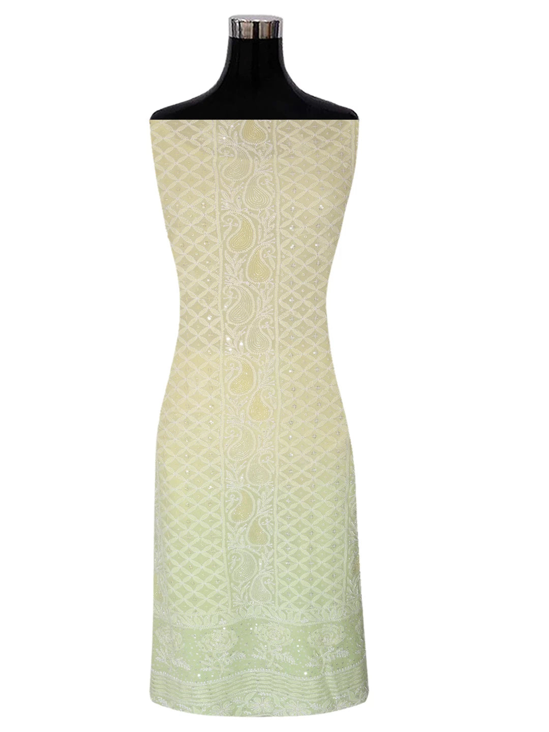 Ada Hand Embroidered Lime Green Ombre Shade Pure Georgette Lucknowi Chikankari Unstitched Kurta Dupatta Set With Pearl Work 01A382783