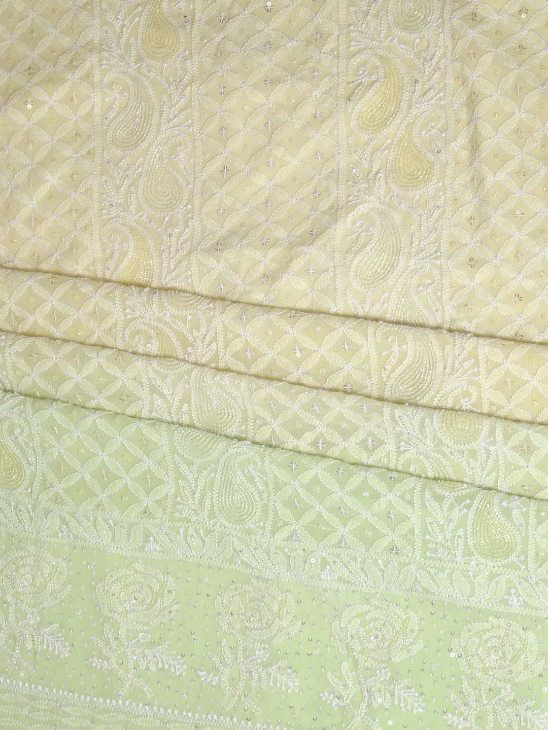 Ada Hand Embroidered Lime Green Ombre Shade Pure Georgette Lucknowi Chikankari Unstitched Kurta Dupatta Set With Pearl Work 01A382783