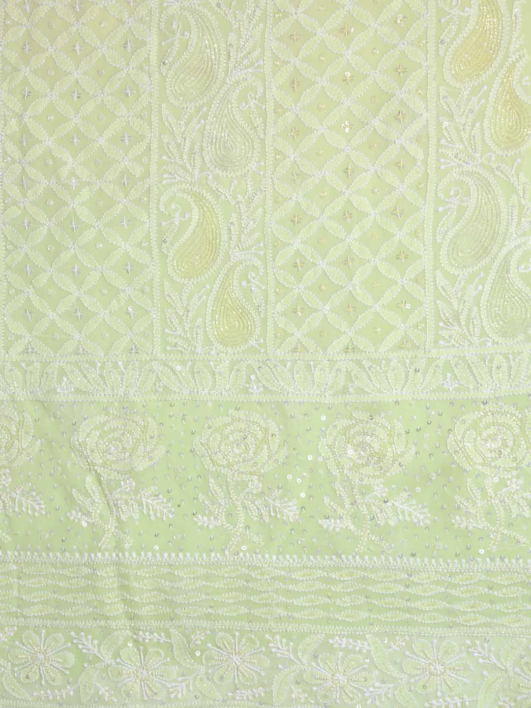 Ada Hand Embroidered Lime Green Ombre Shade Pure Georgette Lucknowi Chikankari Unstitched Kurta Dupatta Set With Pearl Work 01A382783
