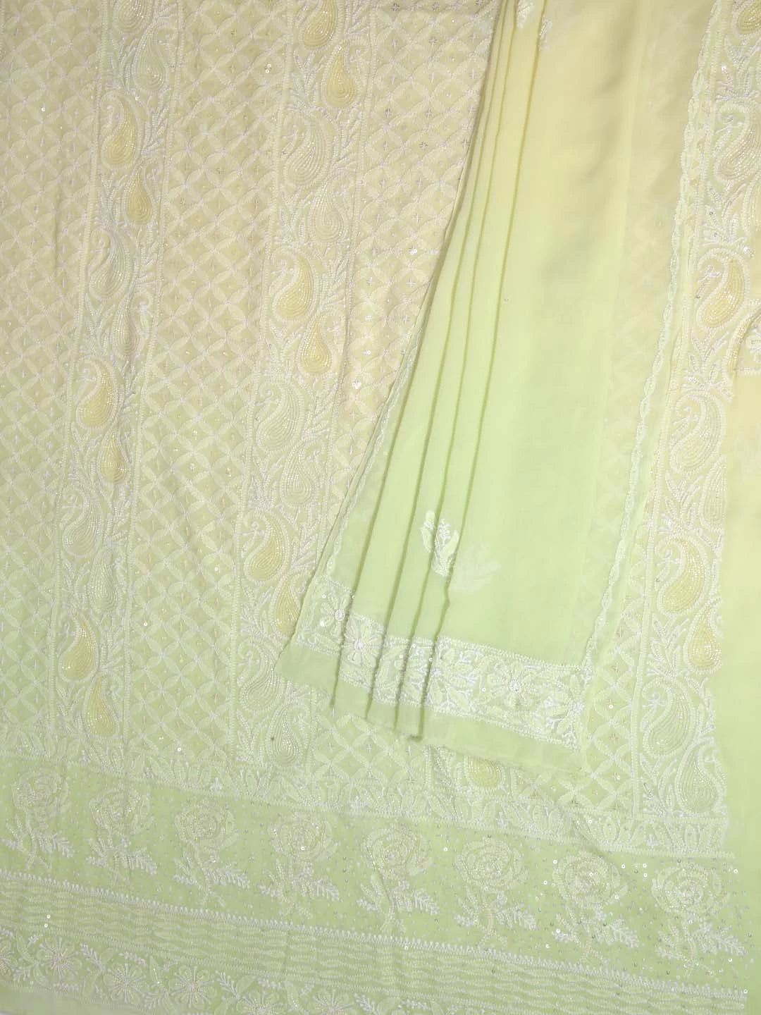 Ada Hand Embroidered Lime Green Ombre Shade Pure Georgette Lucknowi Chikankari Unstitched Kurta Dupatta Set With Pearl Work 01A382783