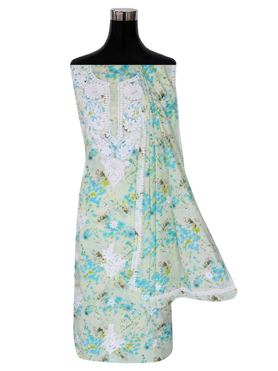 Ada Hand Embroidered Green Floral Printed Cotton Lucknowi Chikankari Unstitched Kurta Dupatta Set 01A413713