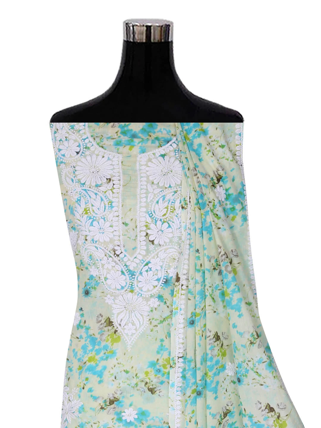 Ada Hand Embroidered Green Floral Printed Cotton Lucknowi Chikankari Unstitched Kurta Dupatta Set 01A413713