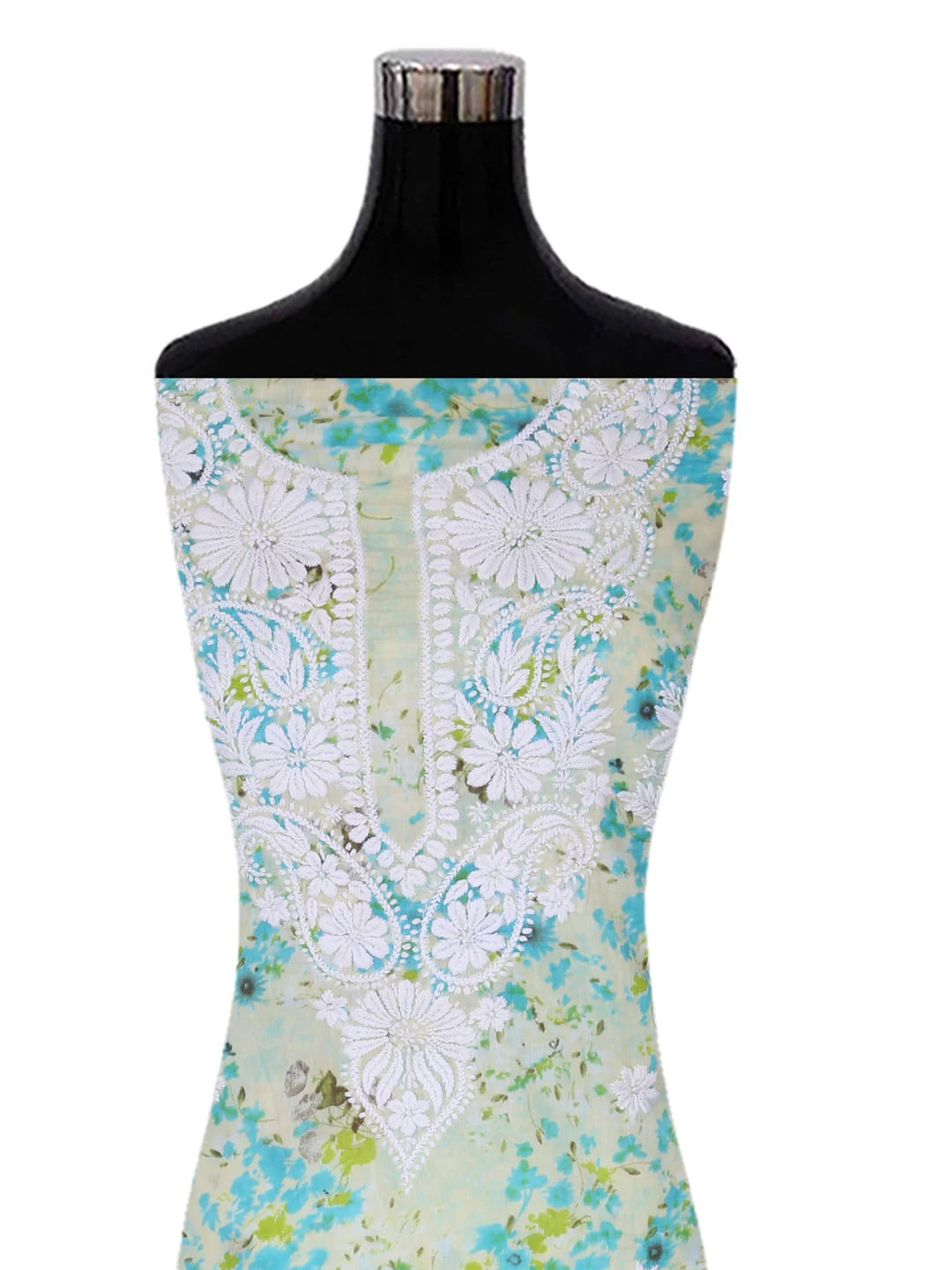 Ada Hand Embroidered Green Floral Printed Cotton Lucknowi Chikankari Unstitched Kurta Dupatta Set 01A413713