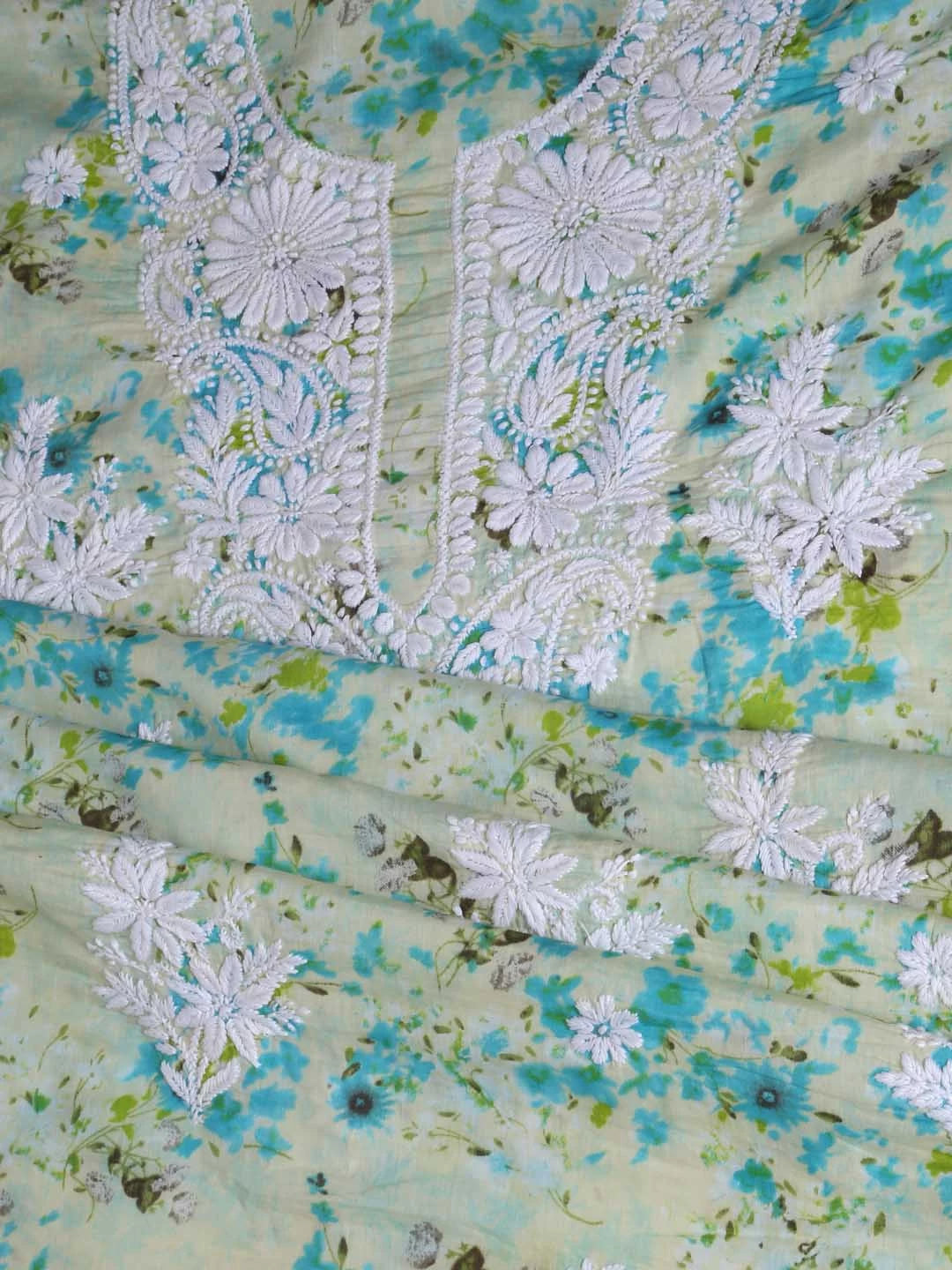Ada Hand Embroidered Green Floral Printed Cotton Lucknowi Chikankari Unstitched Kurta Dupatta Set 01A413713