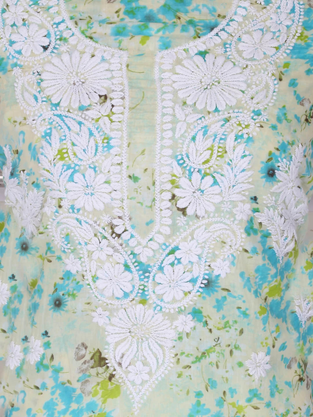 Ada Hand Embroidered Green Floral Printed Cotton Lucknowi Chikankari Unstitched Kurta Dupatta Set 01A413713