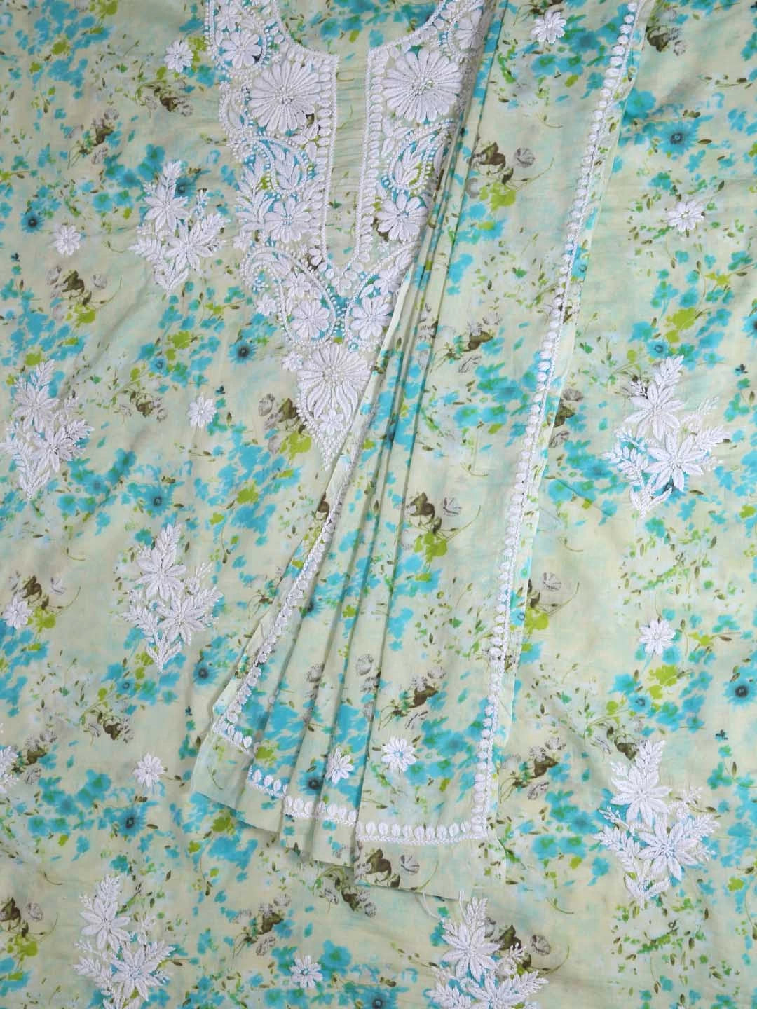 Ada Hand Embroidered Green Floral Printed Cotton Lucknowi Chikankari Unstitched Kurta Dupatta Set 01A413713