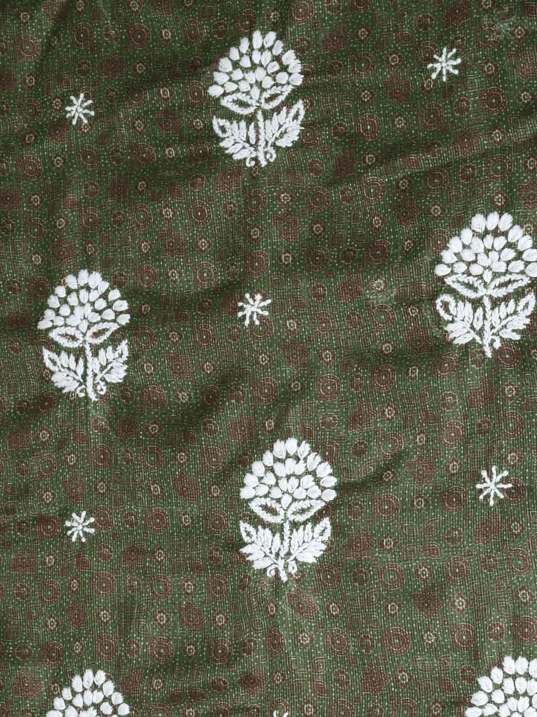 Ada Hand Embroidered Mehandi Green Floral Printed Kota Silk Lucknowi Chikankari Unstitched Kurta Piece 01A409938