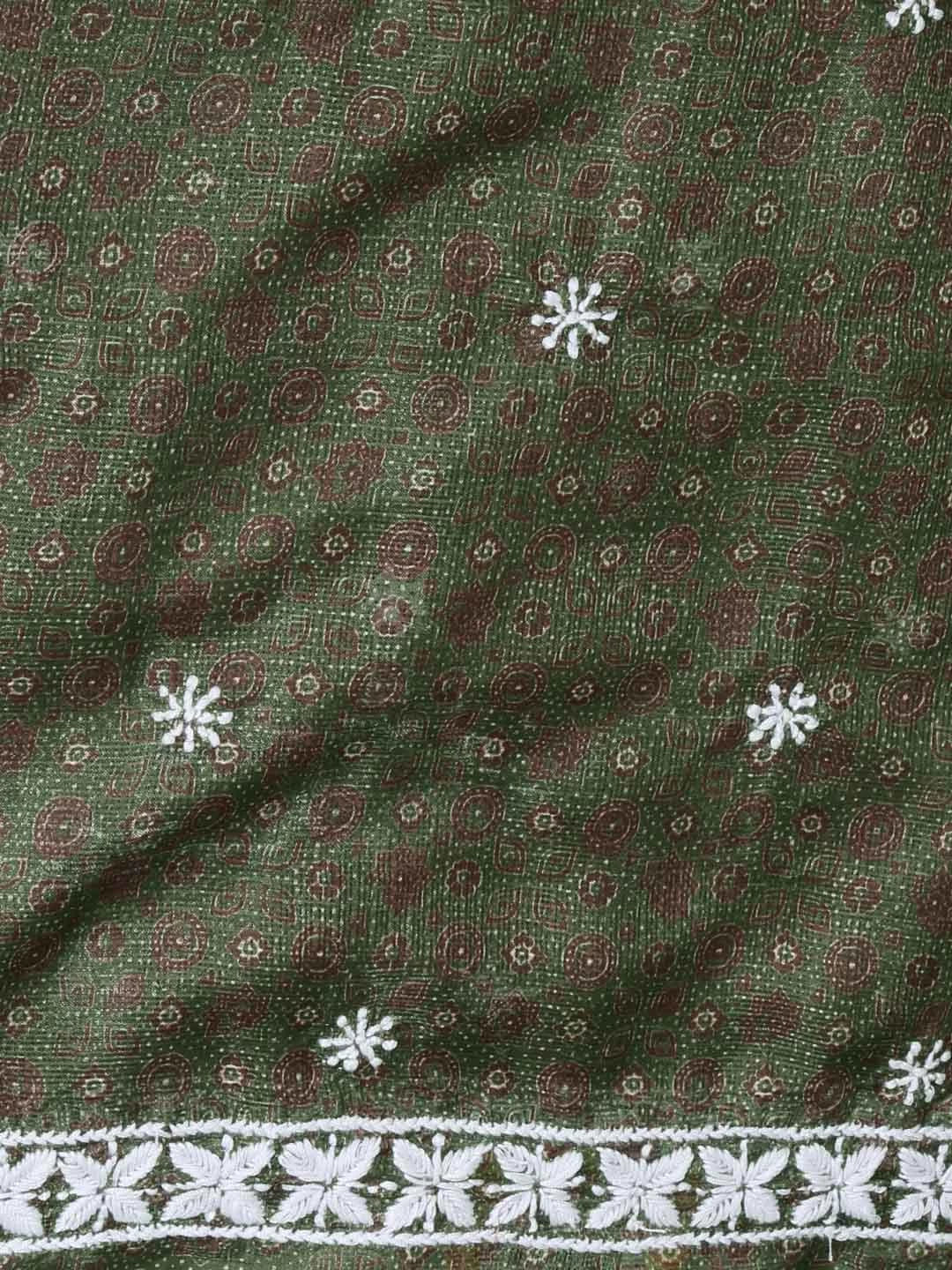 Ada Hand Embroidered Mehandi Green Floral Printed Kota Silk Lucknowi Chikankari Unstitched Kurta Piece 01A409938