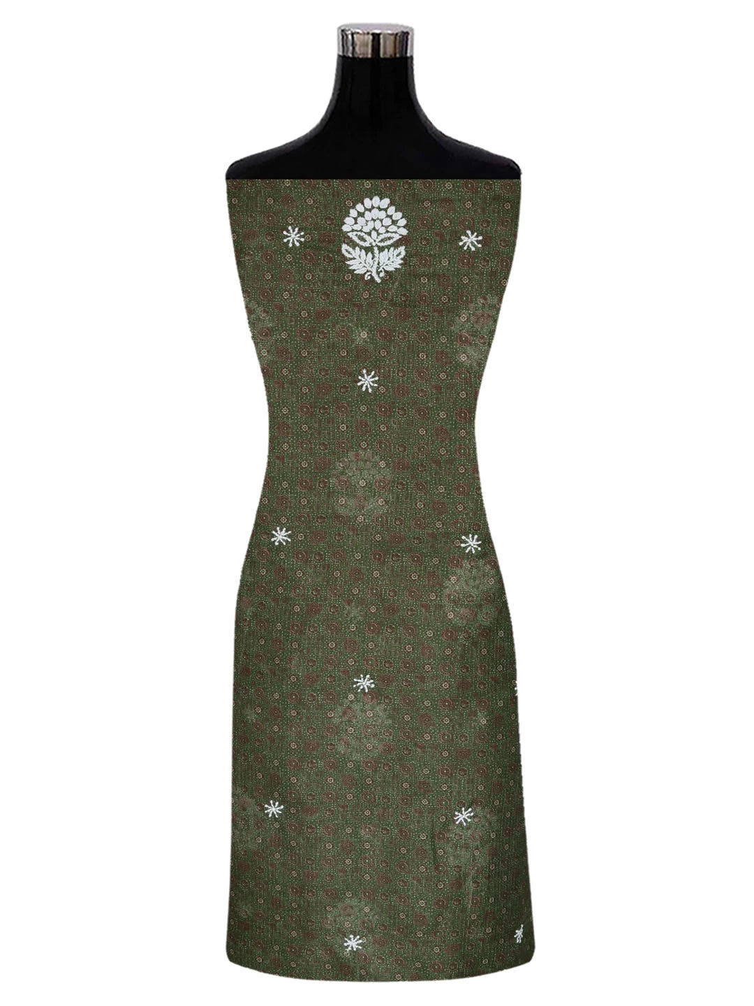 Ada Hand Embroidered Mehandi Green Floral Printed Kota Silk Lucknowi Chikankari Unstitched Kurta Piece 01A409938