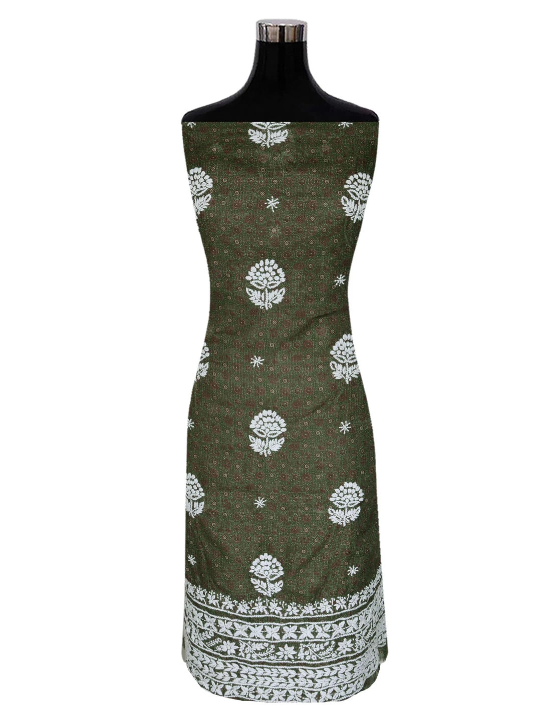 Ada Hand Embroidered Mehandi Green Floral Printed Kota Silk Lucknowi Chikankari Unstitched Kurta Piece 01A409938